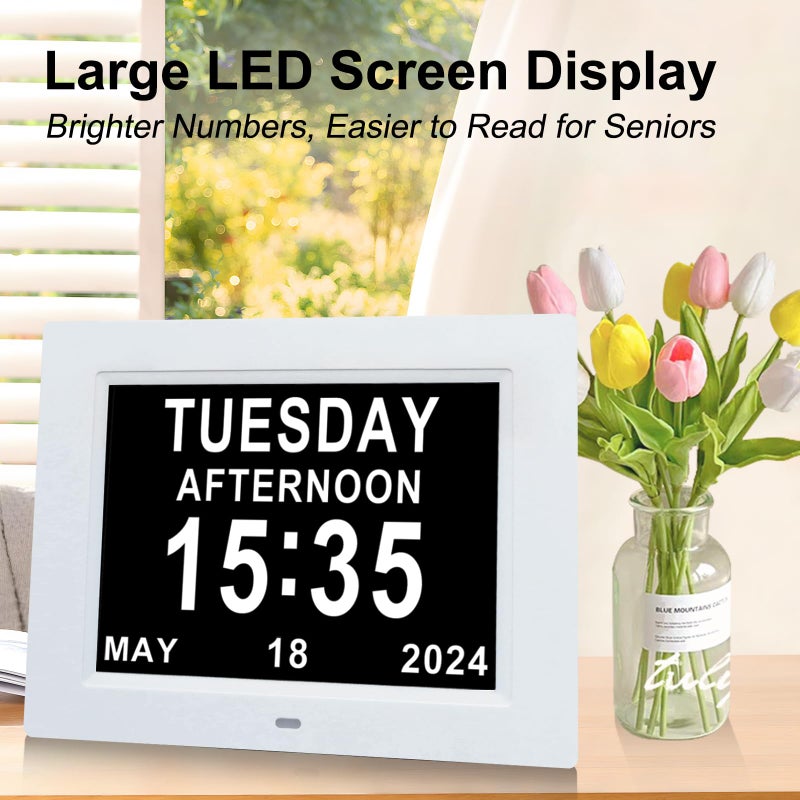 TMC 8 Inch Digital Dementia Clock for Seniors, Large Calendar with Day Date & Week Display, 5 Alarms + 3 Medicine Reminders, Plays SD Card Video, Wall Mountable, Detachable Stand (White, SD) - Image 2